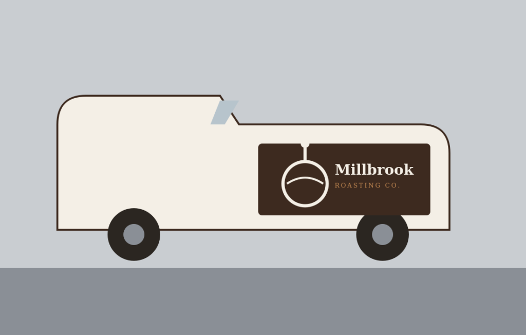 Millbrook Roasting Co delivery van wrapped in the new black-and-white brand