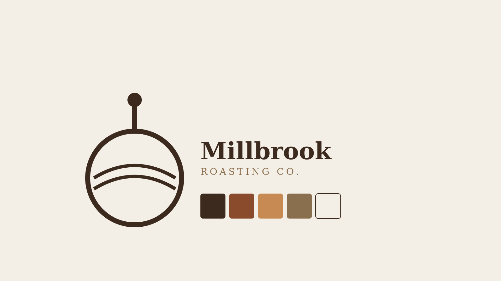 Black-and-white roasting-drum logo for Millbrook Roasting Co's new brand identity