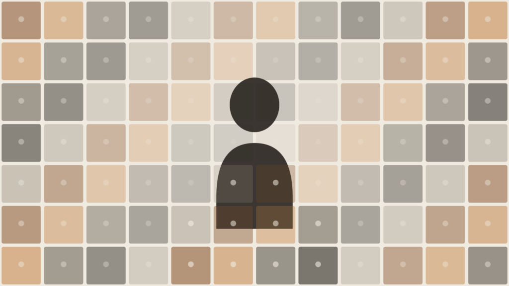 A silhouetted figure dissolving into a grid of video-call windows, editorial illustration
