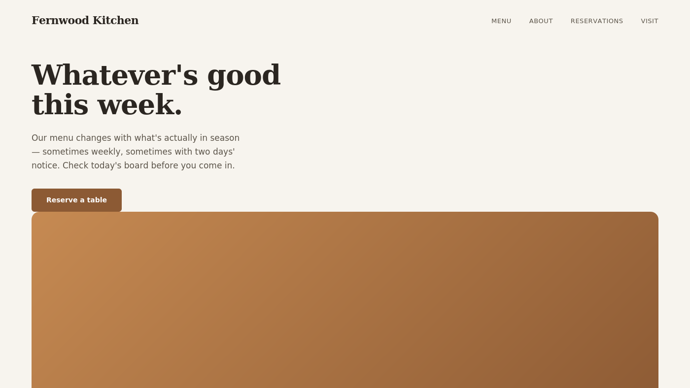 Fernwood Kitchen website hero section reading 'Whatever's good this week