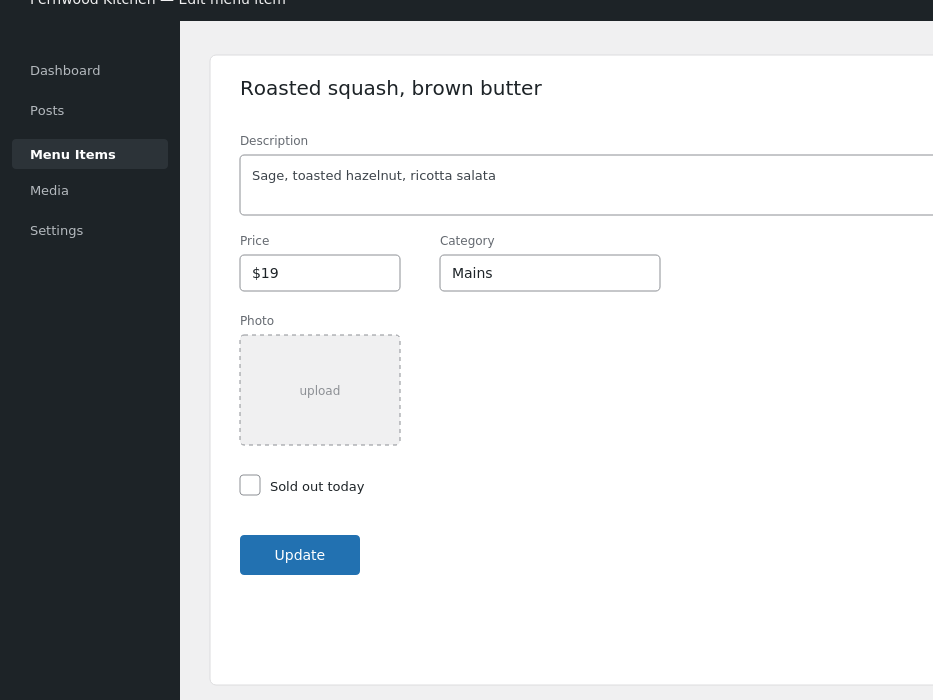 WordPress admin screen for editing a Fernwood Kitchen menu item
